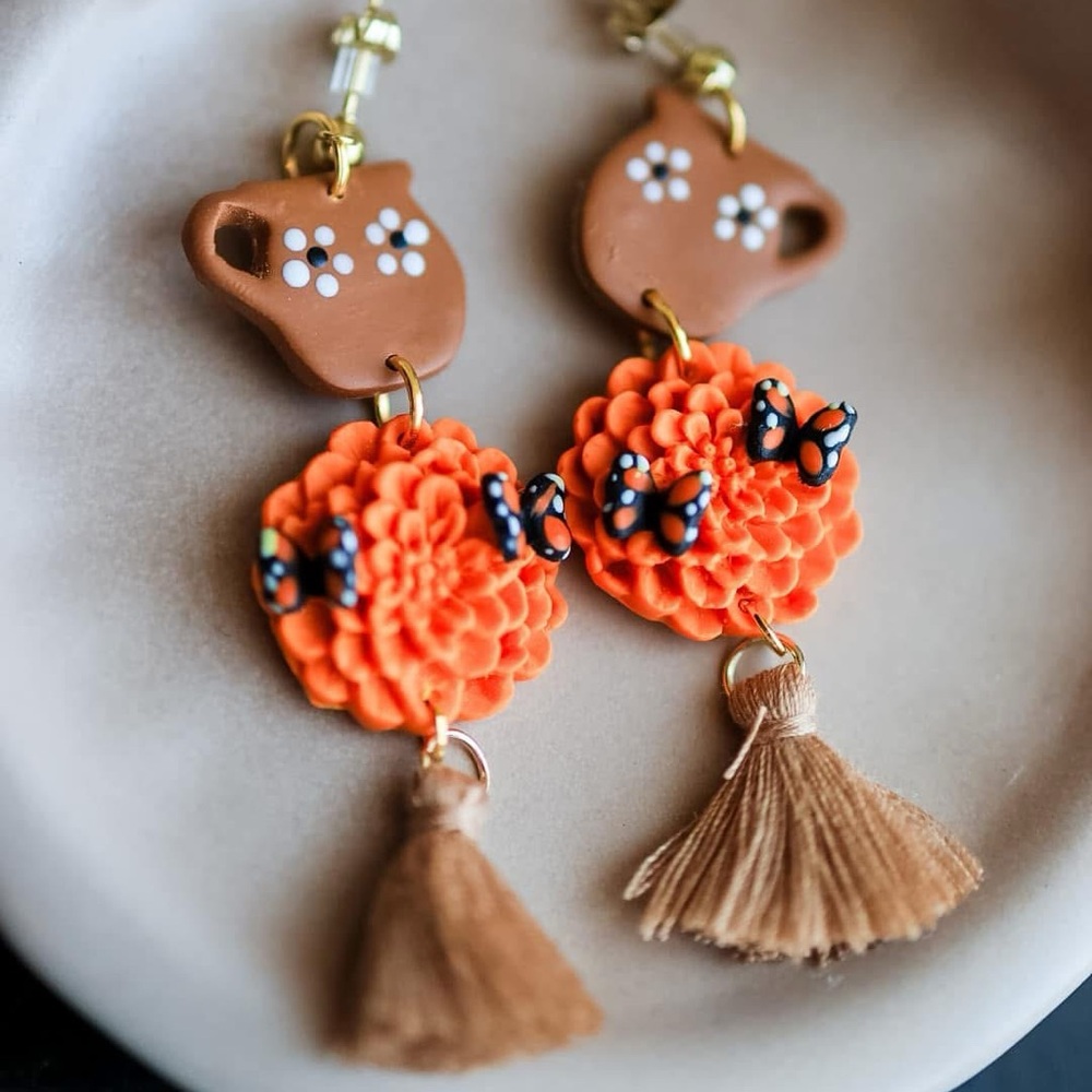 Orange Floral Earrings with Tassels